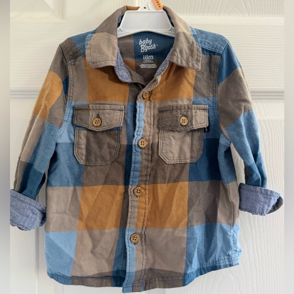 Baby B’Gosh Soft Flannel Plaid Kids Shirt - Blue, Brown, Tan.